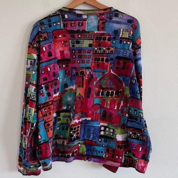 Chico’s vintage double sided novelty village print soft stretchy knit jacket XL - Picture 7 of 7